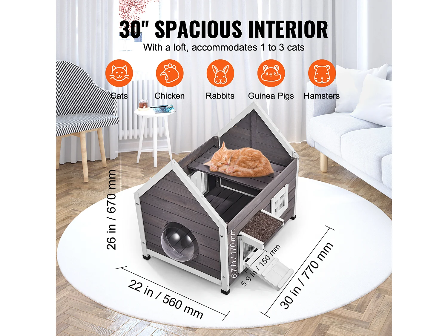 Maison pour Chat, SucceBuy Outdoor Cat Housing - un Abri en Bois pour Féelins Errants, Equipé d'un Toit, de Portes Pliantes et d'une Fenêtre d'Observation
