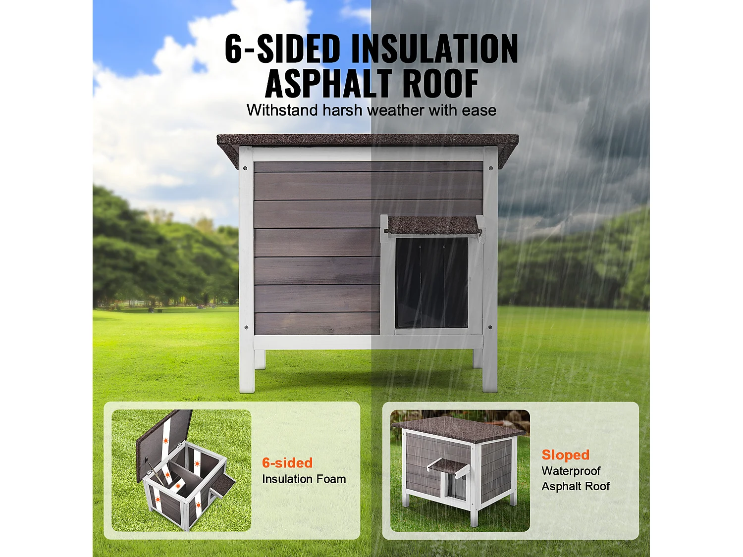 Maison pour Chat, SucceBuy Outdoor Cat Shelter - Un Abri en Bois pour Chats Sauvages, avec Toit et Portes Recouvertes de PVC