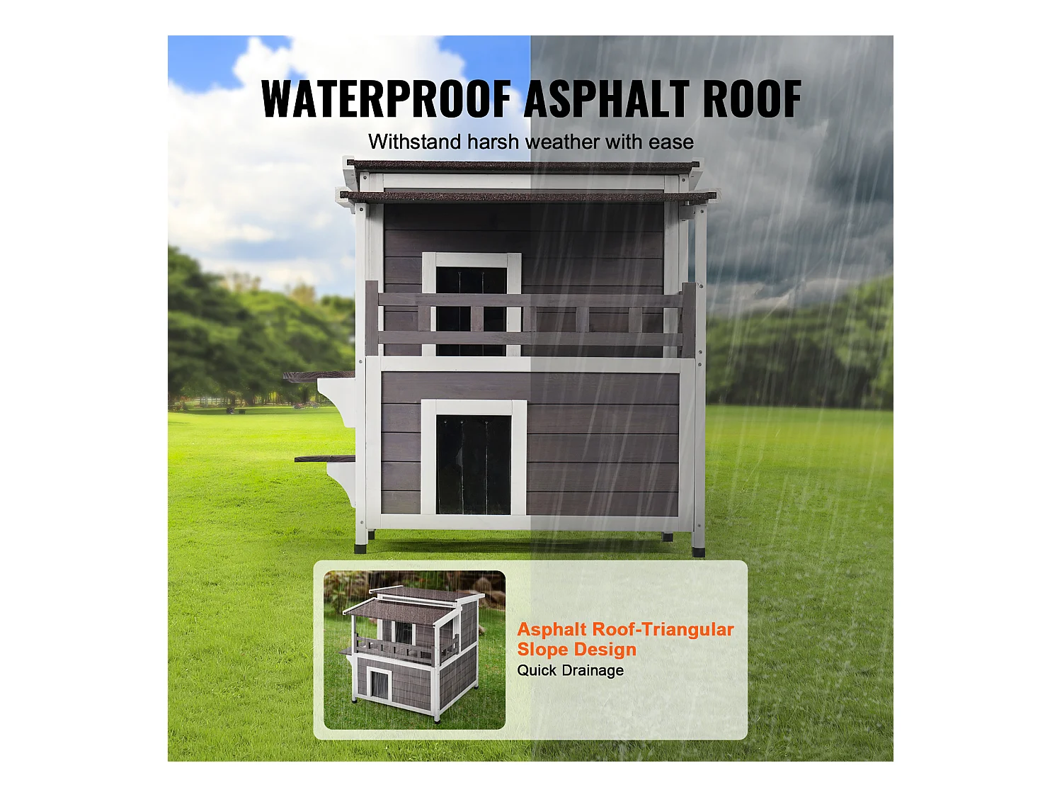 Katzenhaus, SucceBuy Outdoor-Katzenhaus - 2-stöckiger Wildkatzenunterstand aus Holz mit Balkon und Dach