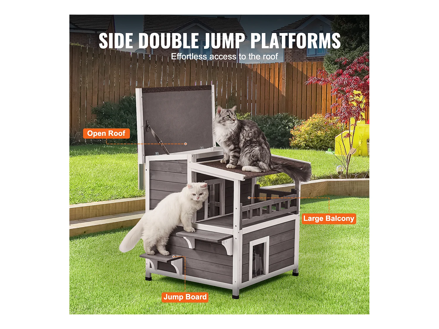 Katzenhaus, SucceBuy Outdoor-Katzenhaus - 2-stöckiger Wildkatzenunterstand aus Holz mit Balkon und Dach