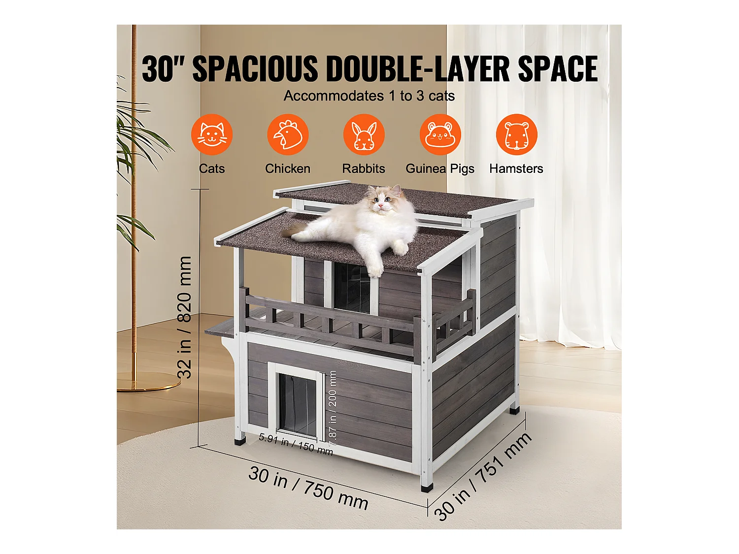 Katzenhaus, SucceBuy Outdoor-Katzenhaus - 2-stöckiger Wildkatzenunterstand aus Holz mit Balkon und Dach