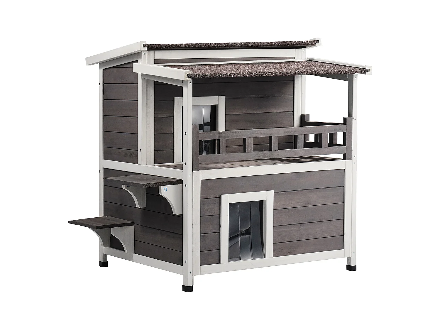 Katzenhaus, SucceBuy Outdoor-Katzenhaus - 2-stöckiger Wildkatzenunterstand aus Holz mit Balkon und Dach