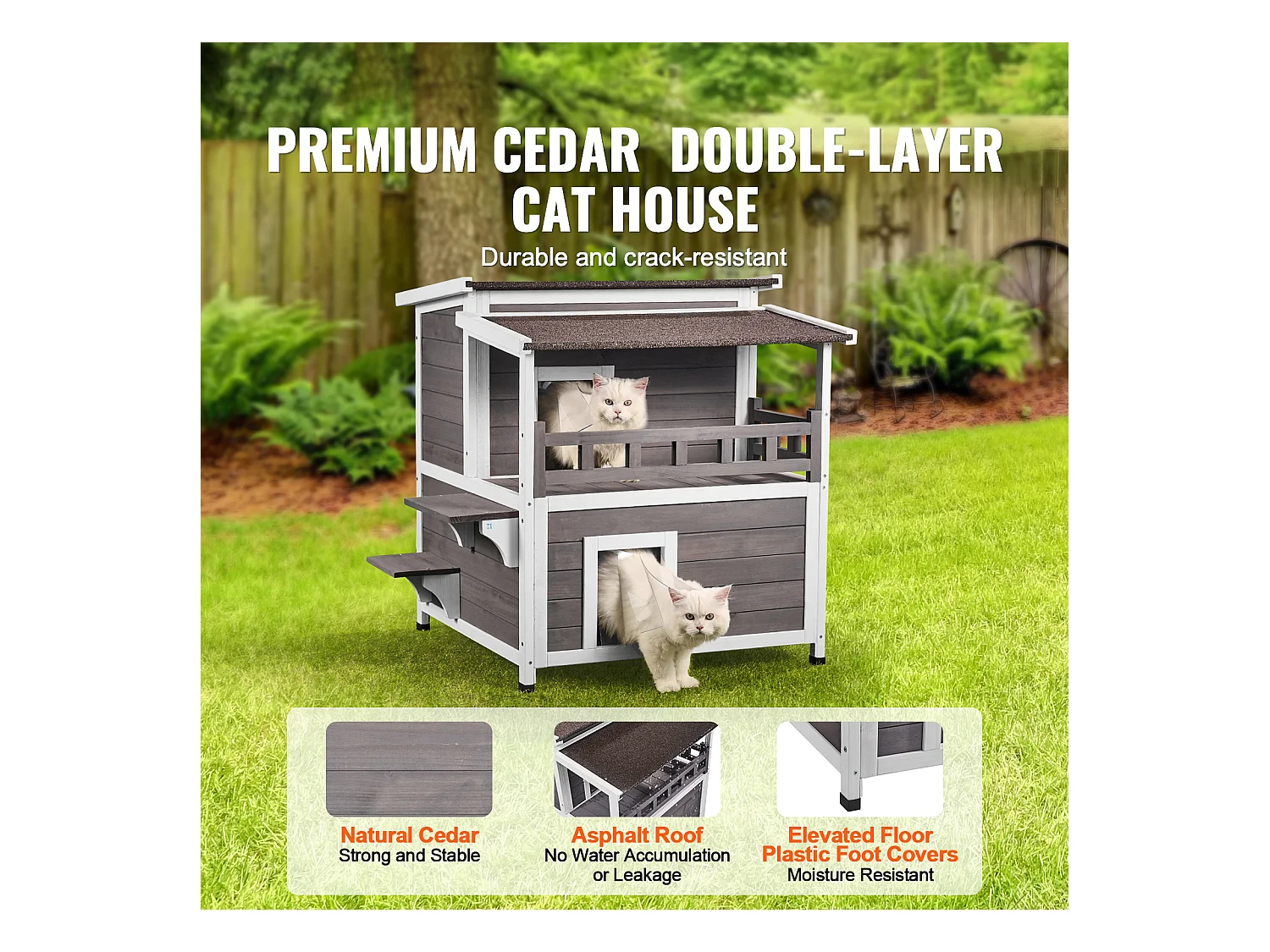 Maison pour Chat, SucceBuy Maison pour Chat d'Extérieur - Abri pour Chats Sauvages en Bois à 2 Étages avec Balcon et Toit