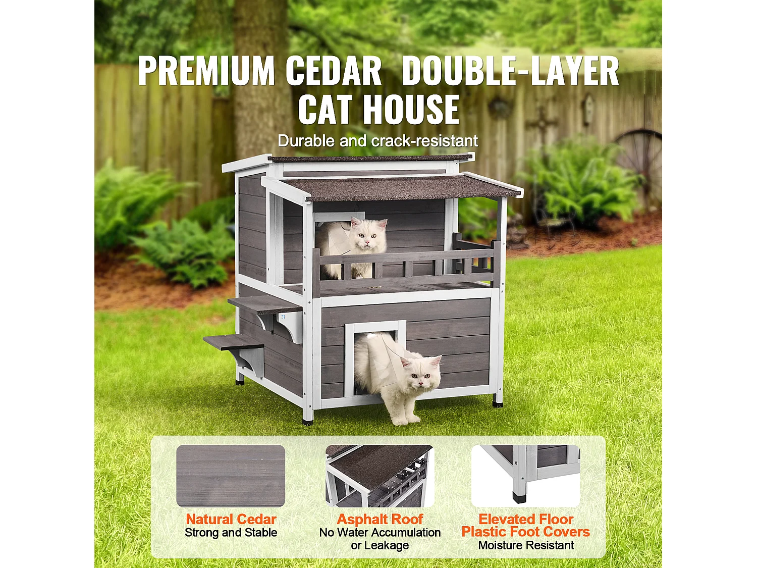 Maison pour Chat, SucceBuy Maison pour Chat d'Extérieur - Abri pour Chats Sauvages en Bois à 2 Étages avec Balcon et Toit