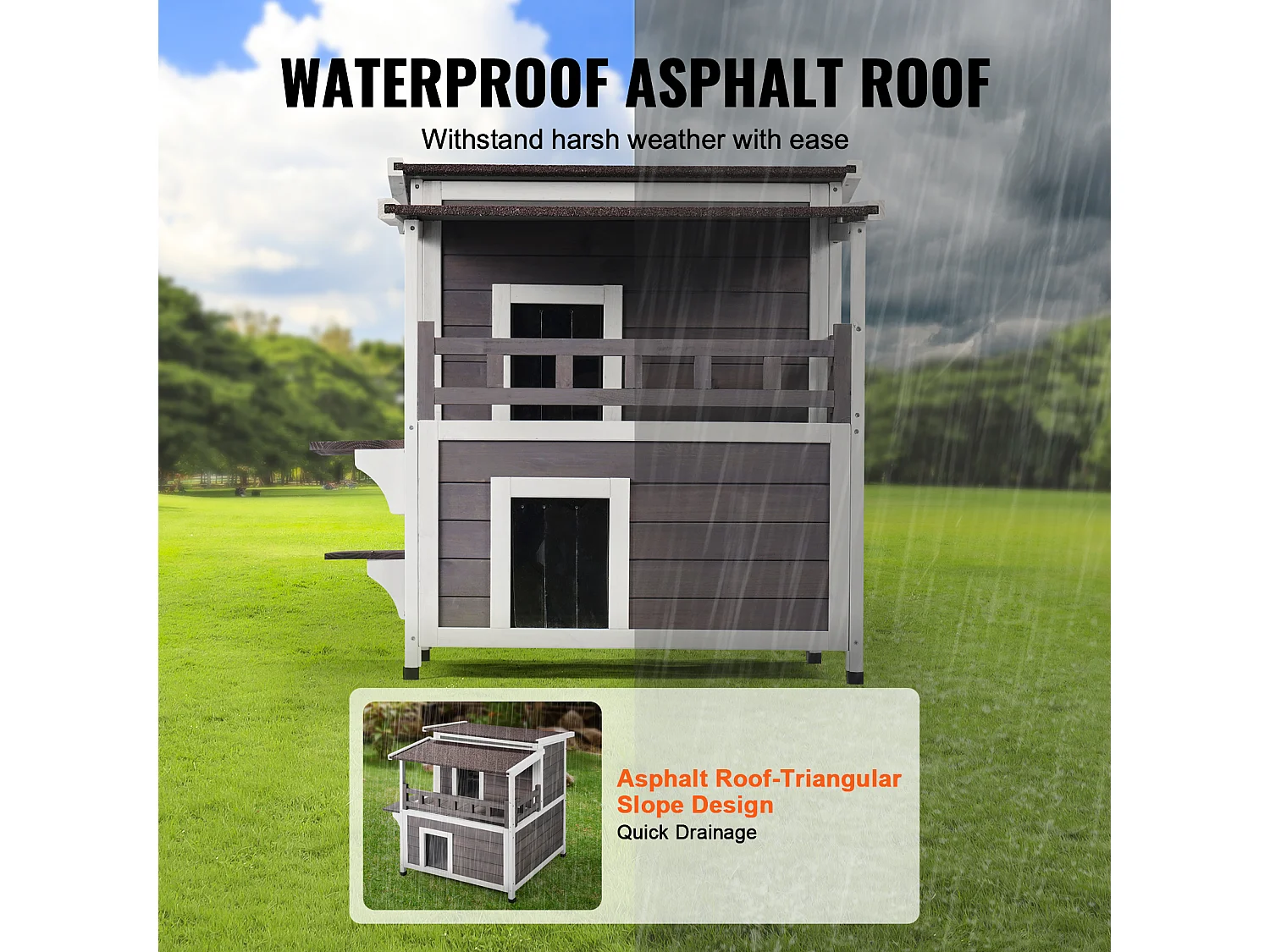 Maison pour Chat, SucceBuy Maison pour Chat d'Extérieur - Abri pour Chats Sauvages en Bois à 2 Étages avec Balcon et Toit