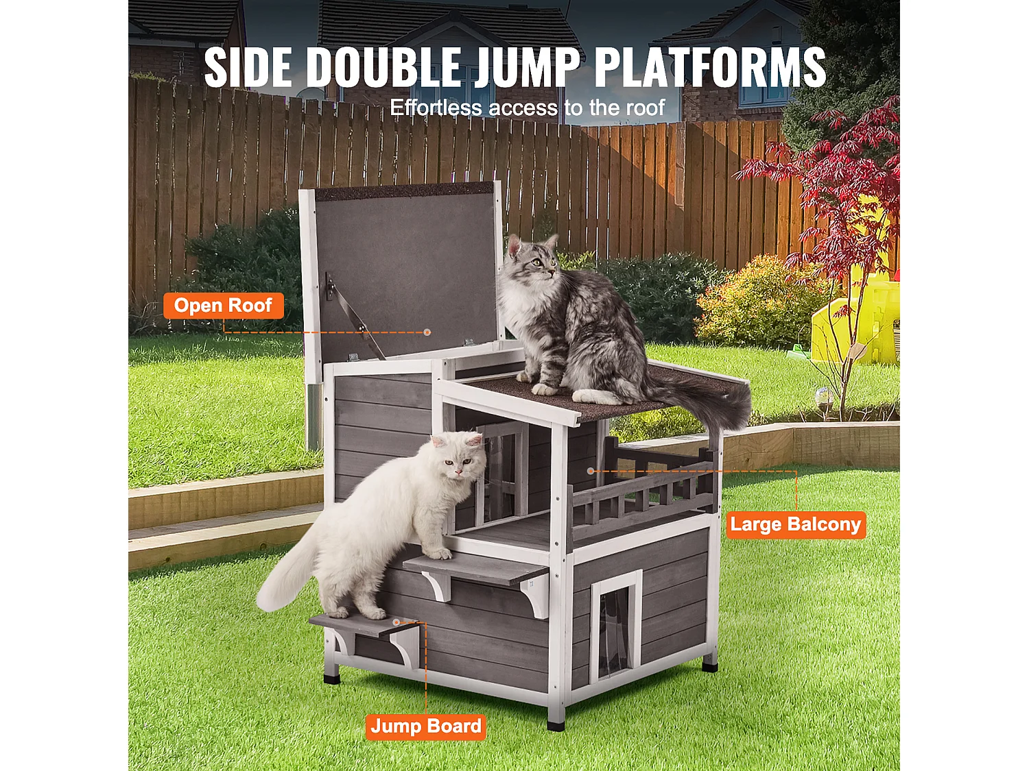 Maison pour Chat, SucceBuy Maison pour Chat d'Extérieur - Abri pour Chats Sauvages en Bois à 2 Étages avec Balcon et Toit