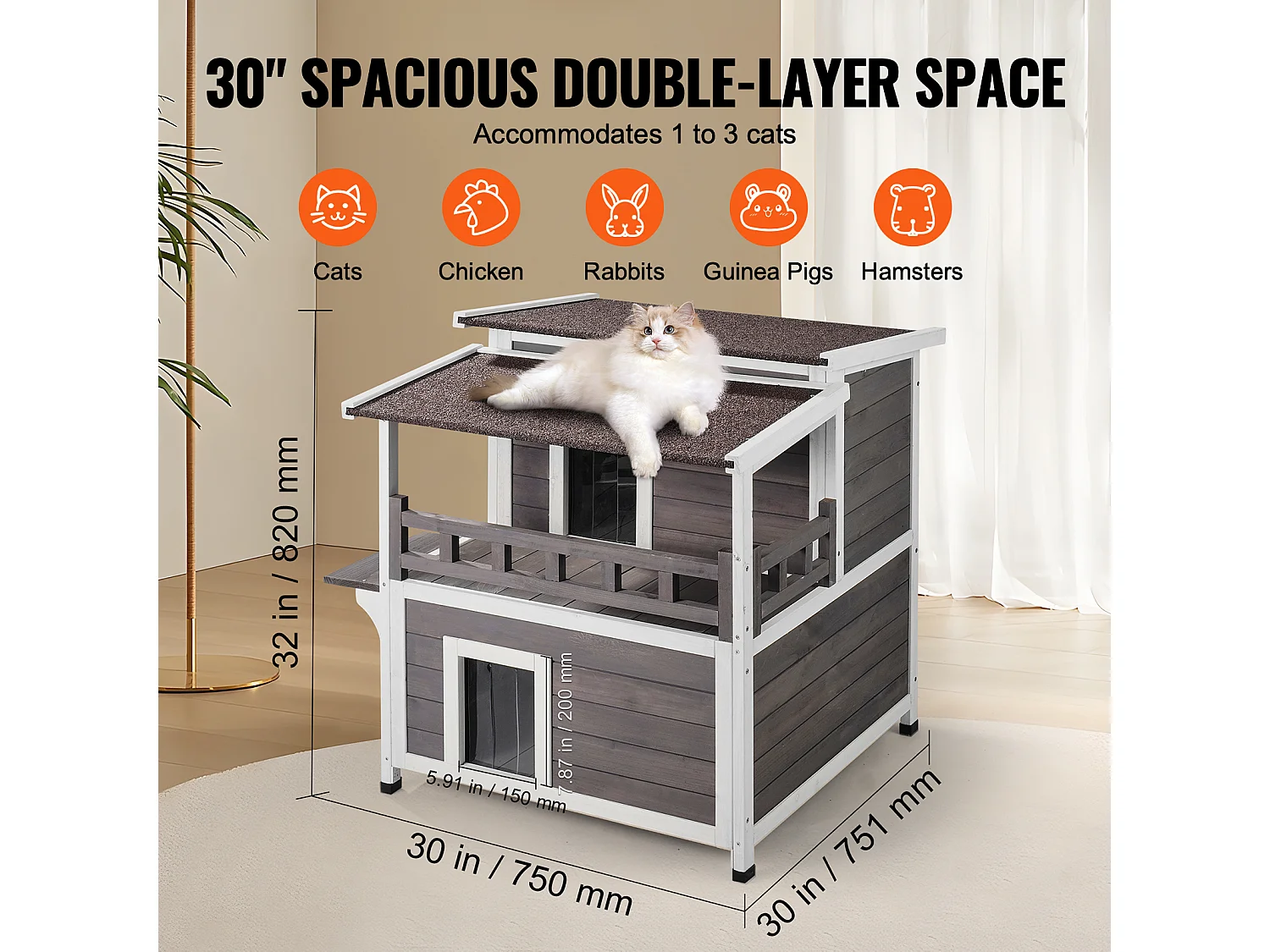 Maison pour Chat, SucceBuy Maison pour Chat d'Extérieur - Abri pour Chats Sauvages en Bois à 2 Étages avec Balcon et Toit