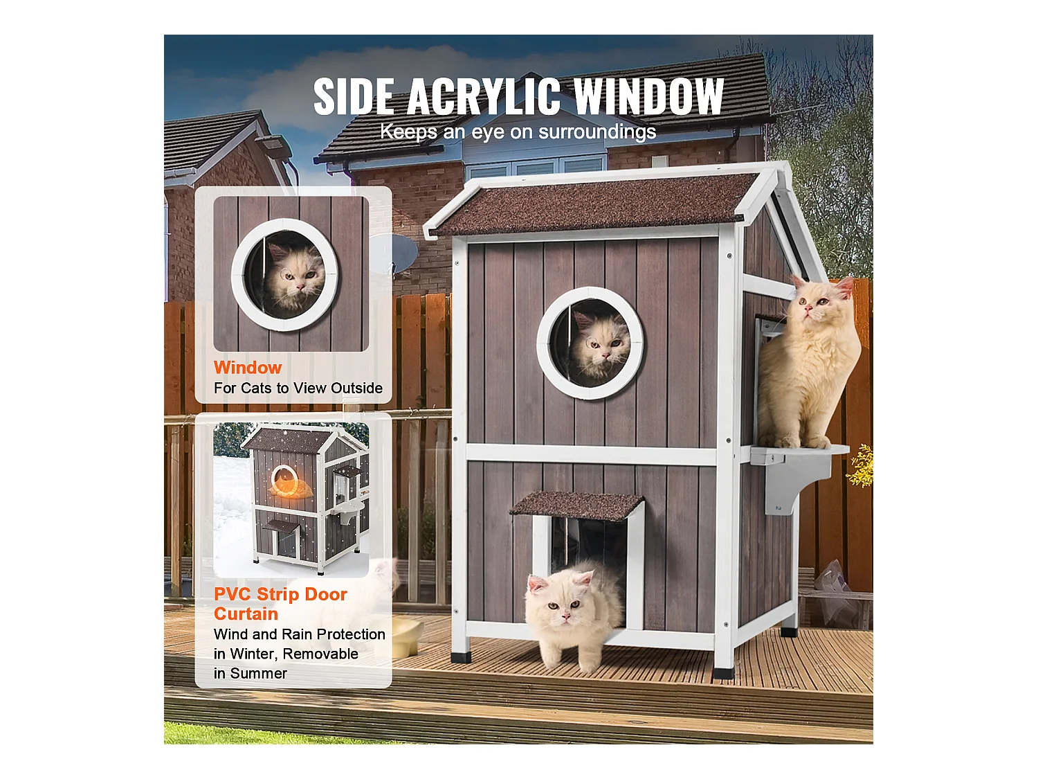 Maison pour Chat, SucceBuy Maison d'Extérieur pour Chat - Abri pour Chat Sauvage en Bois à 2 Étages avec Toit et Portes à Rabat