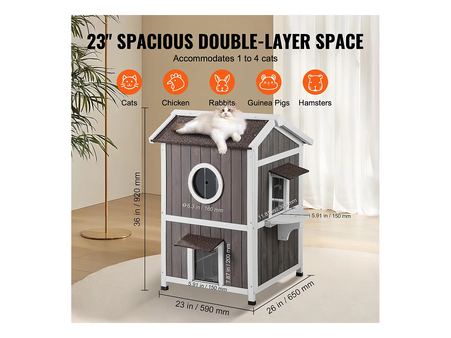 Maison pour Chat, SucceBuy Maison d'Extérieur pour Chat - Abri pour Chat Sauvage en Bois à 2 Étages avec Toit et Portes à Rabat