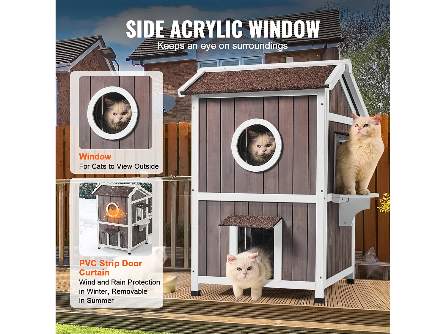 Maison pour Chat, SucceBuy Maison d'Extérieur pour Chat - Abri pour Chat Sauvage en Bois à 2 Étages avec Toit et Portes à Rabat