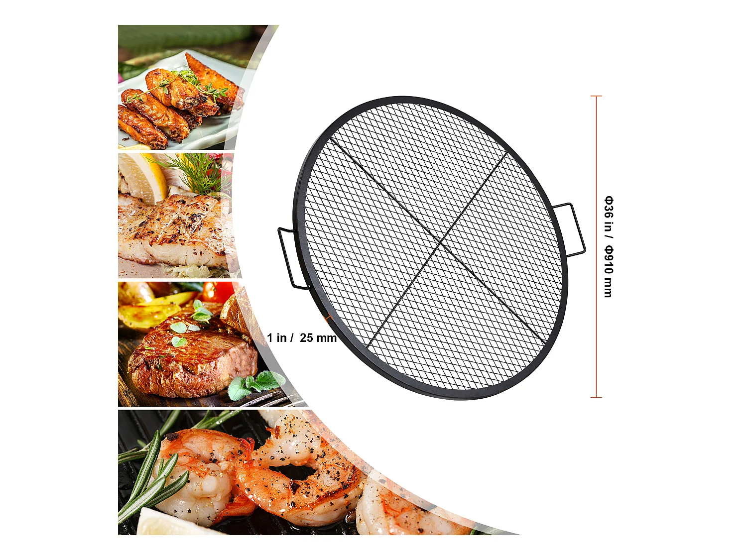 Grille de Cuisson Ronde SucceBuy de 91.44CM, Grille de Barbecue en Acier Robuste avec Poignée et Support en Fil X, Noir
