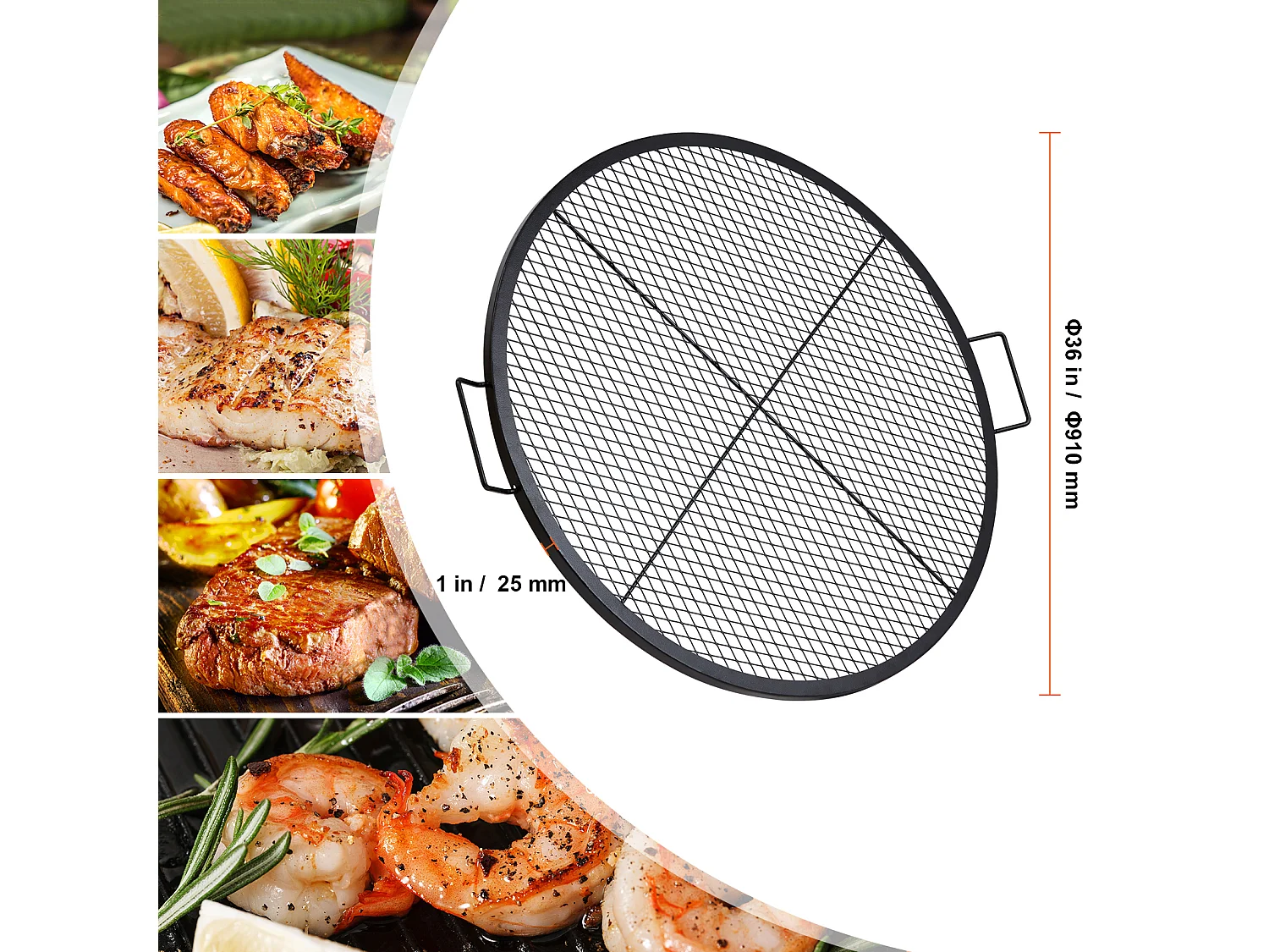Grille de Cuisson Ronde SucceBuy de 91.44CM, Grille de Barbecue en Acier Robuste avec Poignée et Support en Fil X, Noir