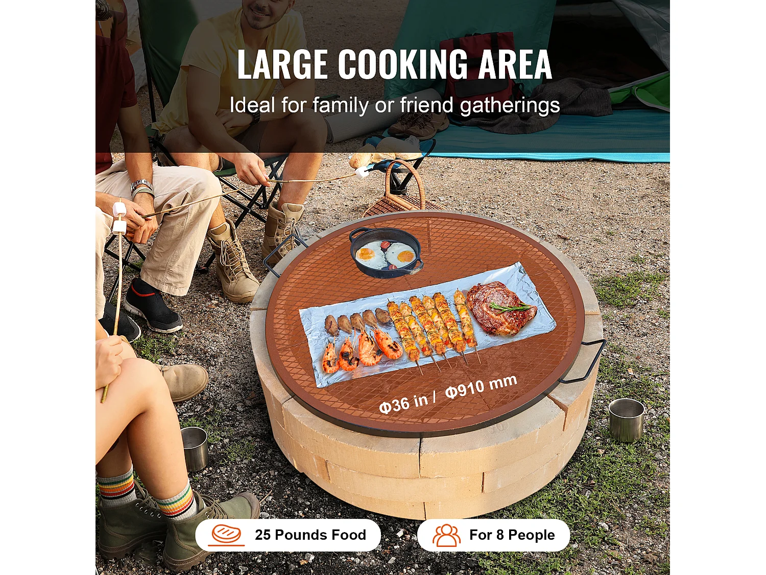 Grille de Cuisson Ronde SucceBuy de 91.44CM, Grille de Barbecue en Acier Robuste avec Poignée et Support en Fil X, Noir