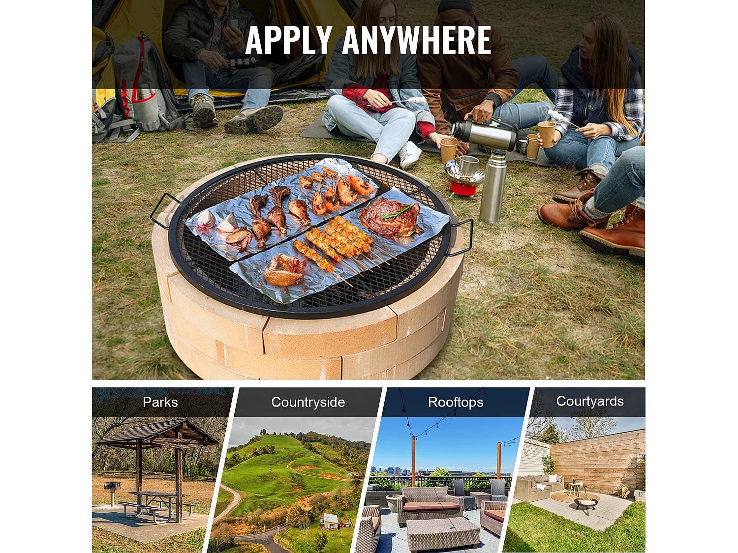 Grille de Cuisson Ronde SucceBuy de 91.44CM, Grille de Barbecue en Acier Robuste avec Poignée et Support en Fil X, Noir