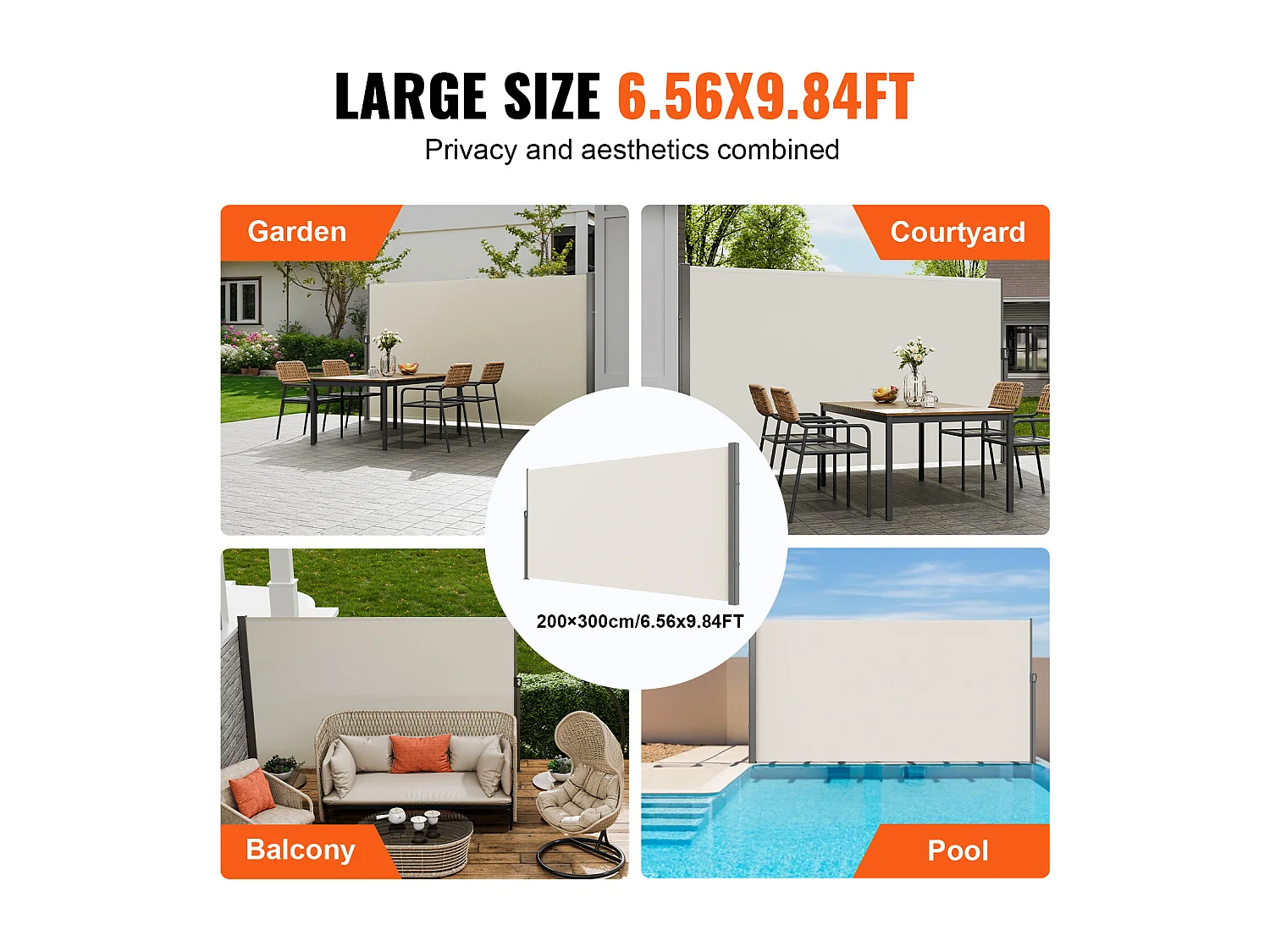 Auvent Latéral Rétractable SucceBuy, 200 x 300 cm, Écran D'intimité pour Terrasse et Séparateur de Clôture, Beige