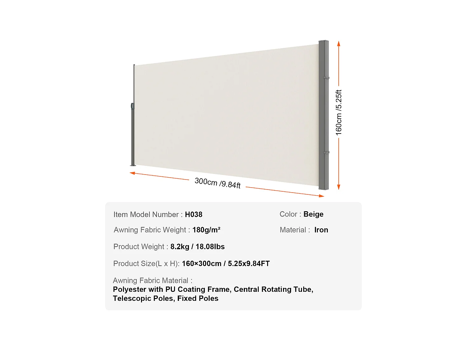 Auvent Latéral Rétractable SucceBuy 160 x 300 cm, Écran D'intimité pour Terrasse et Séparateur de Clôture, Beige