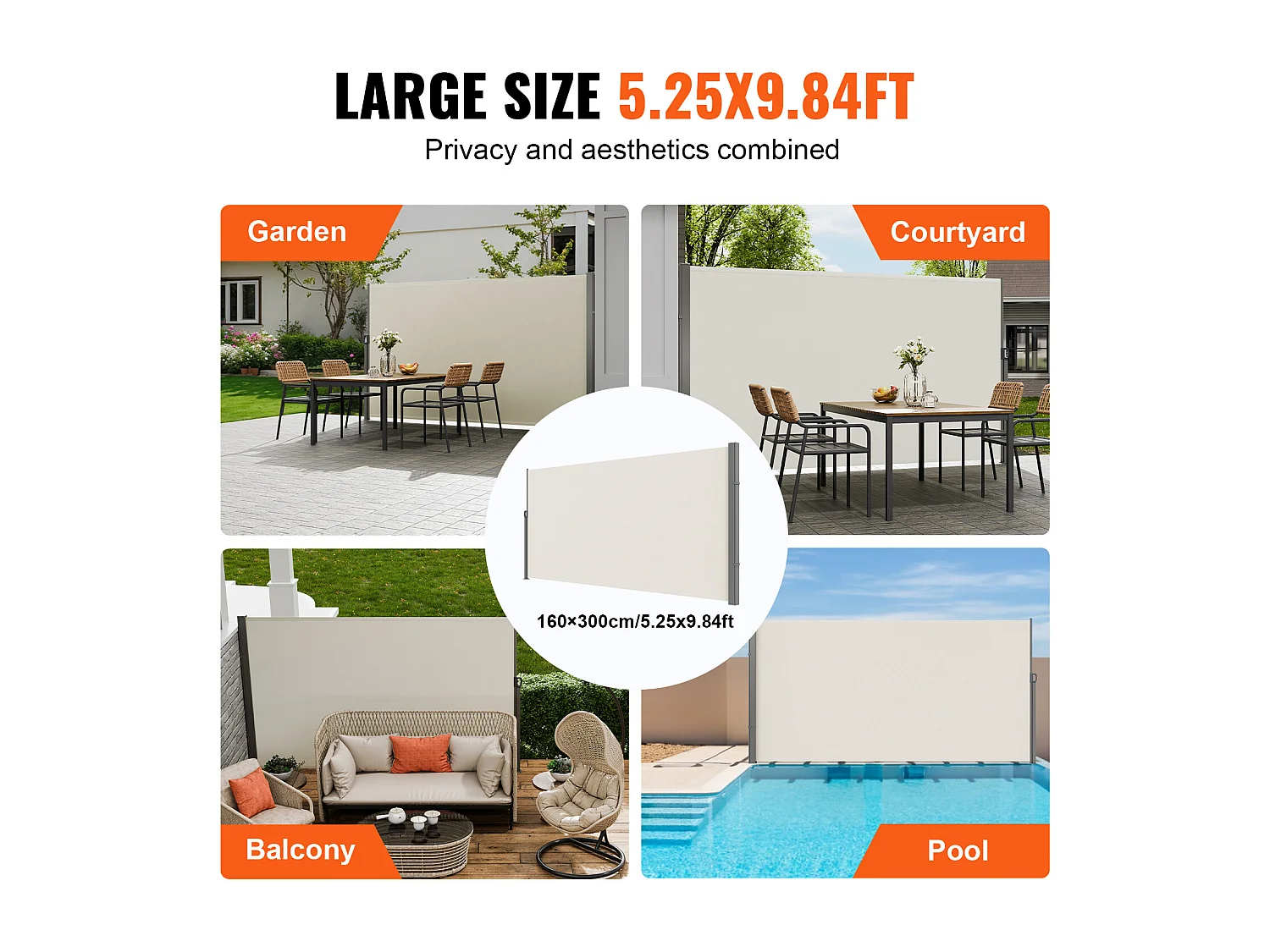 Auvent Latéral Rétractable SucceBuy 160 x 300 cm, Écran D'intimité pour Terrasse et Séparateur de Clôture, Beige