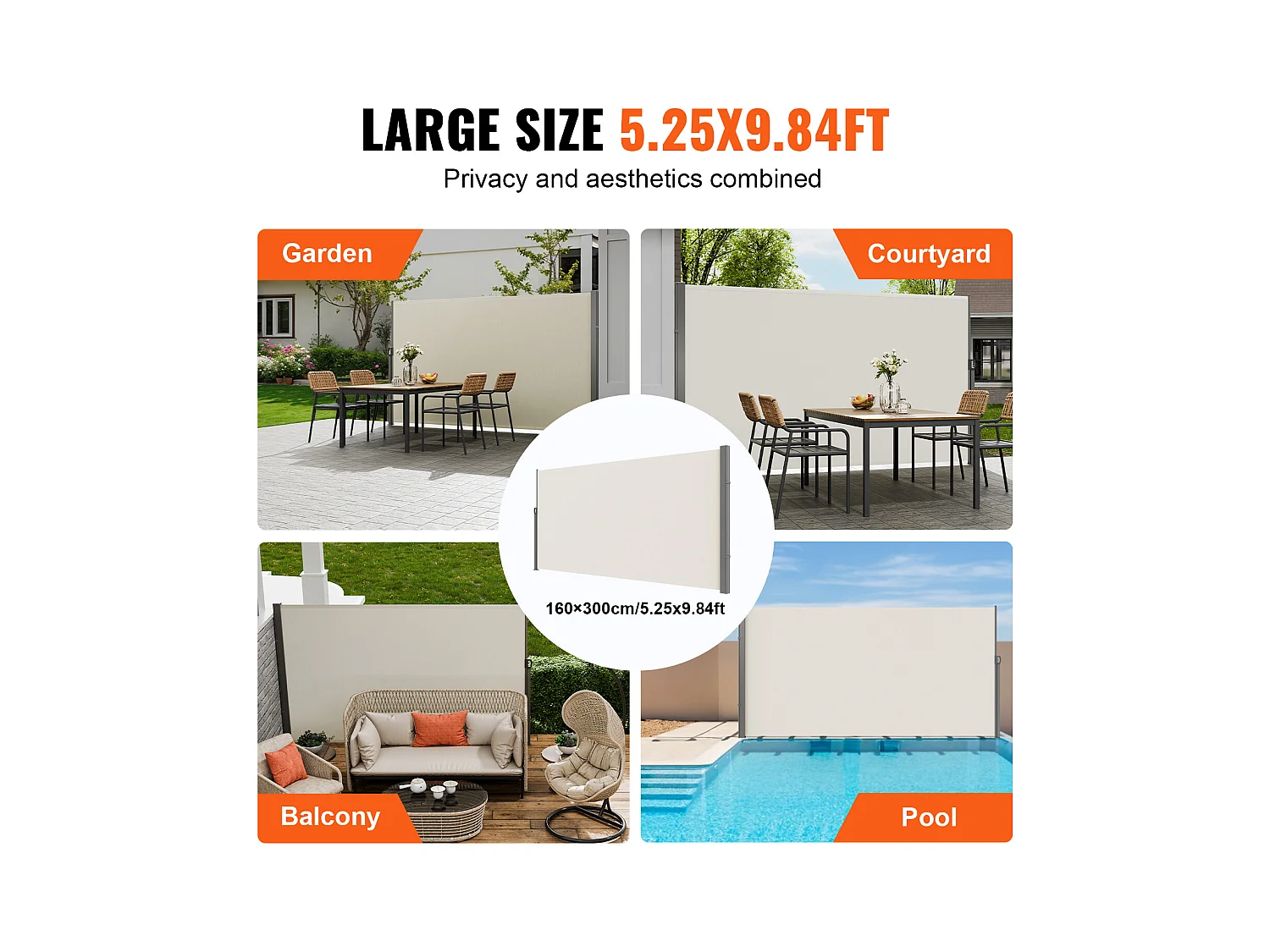 Retractiele Latérale Auvont SucceBuy 160 x 300 cm, Privéscherm voor Terras en Hekseparator, Beige