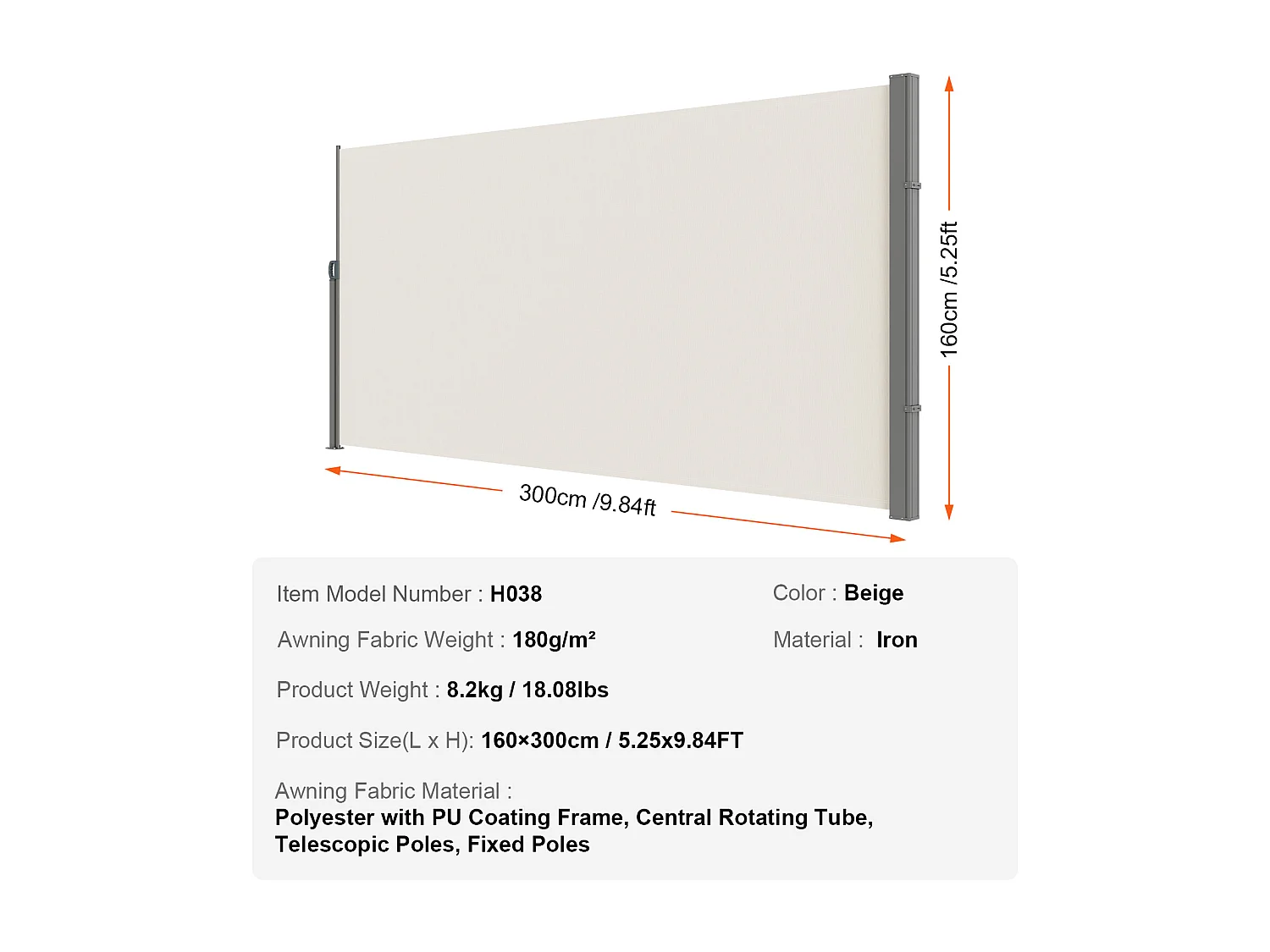 Auvent Laterales Retractil SucceBuy 160 x 300 cm, Escreen de Privacidad para Terraza y Separador de Valla, Beige