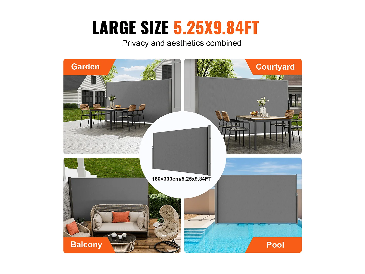 Retraierbarer Seitenmarkise SucceBuy 160 x 300 cm, Terrassen-Privatsphäre-Bildschirm und Zaunscheider, Grau