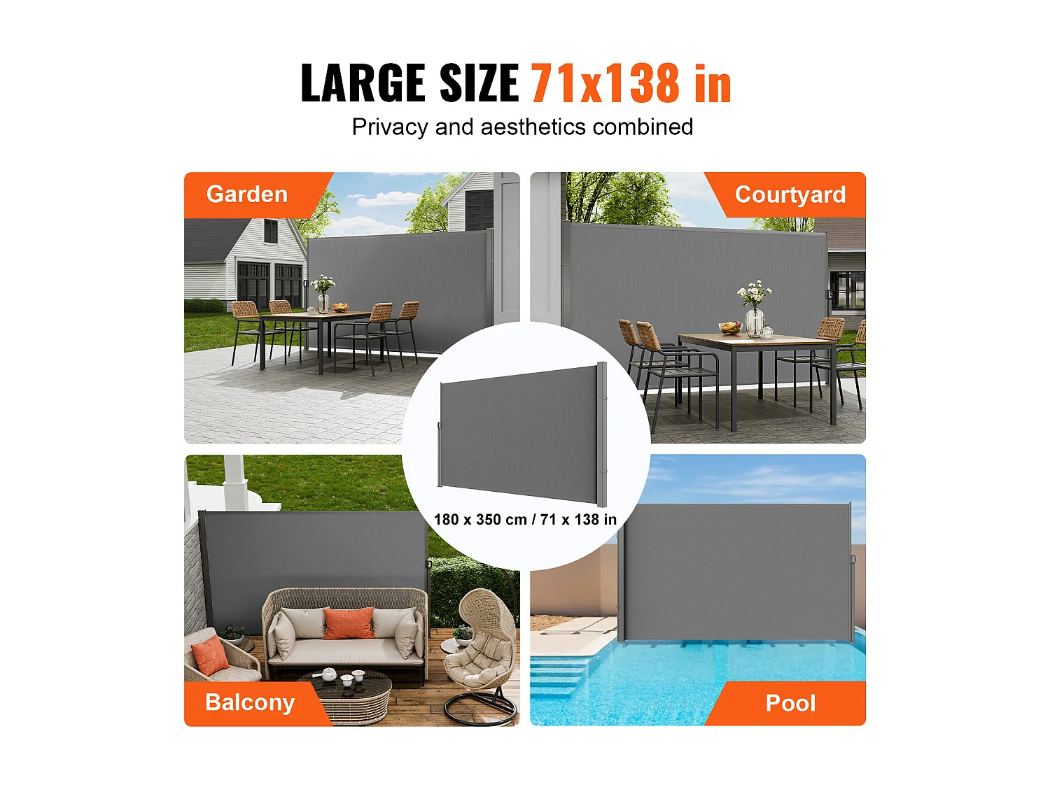 Tendone Laterale Rietraibile SucceBuy 180 x 350 cm, Schermo Privato per Terrazza e Separatore di Recinzione, Grigio