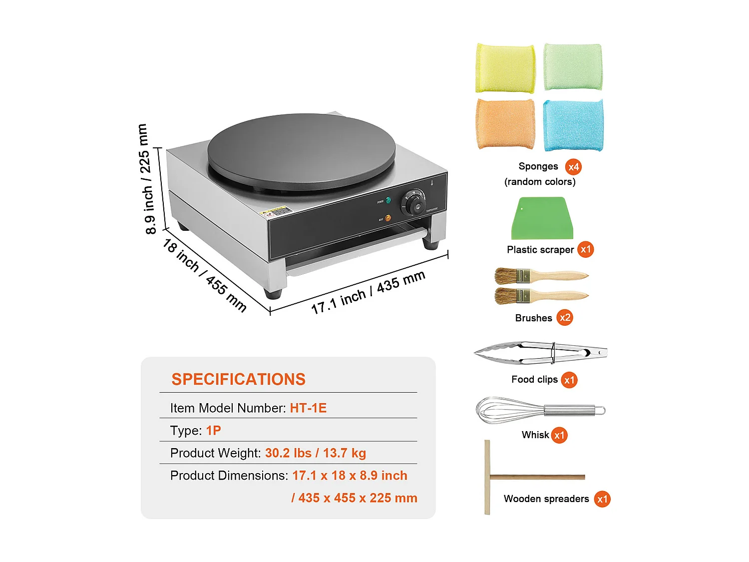 Waffelmaschine SucceBuy Elektrischer Crêpe-Maker, 40,6 cm, 1700 W, Antihaftbeschichtet, Kommerzielles Waffeleisen