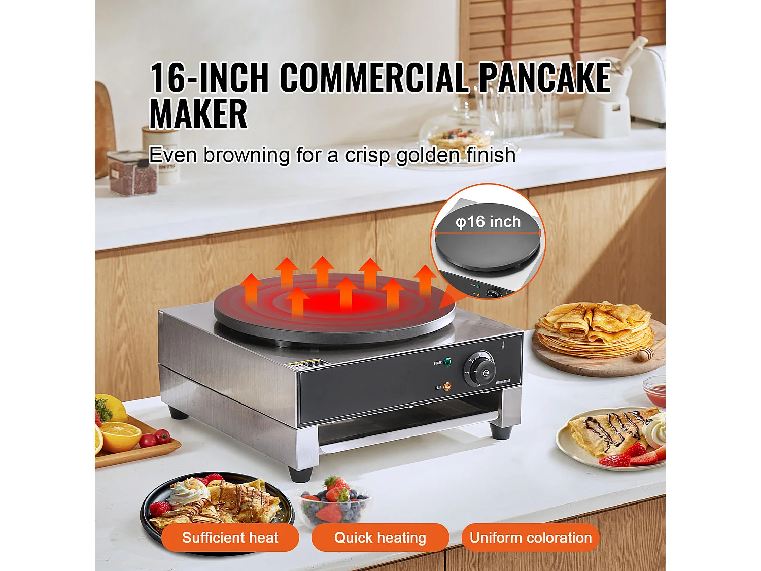 Waffelmaschine SucceBuy Elektrischer Crêpe-Maker, 40,6 cm, 1700 W, Antihaftbeschichtet, Kommerzielles Waffeleisen