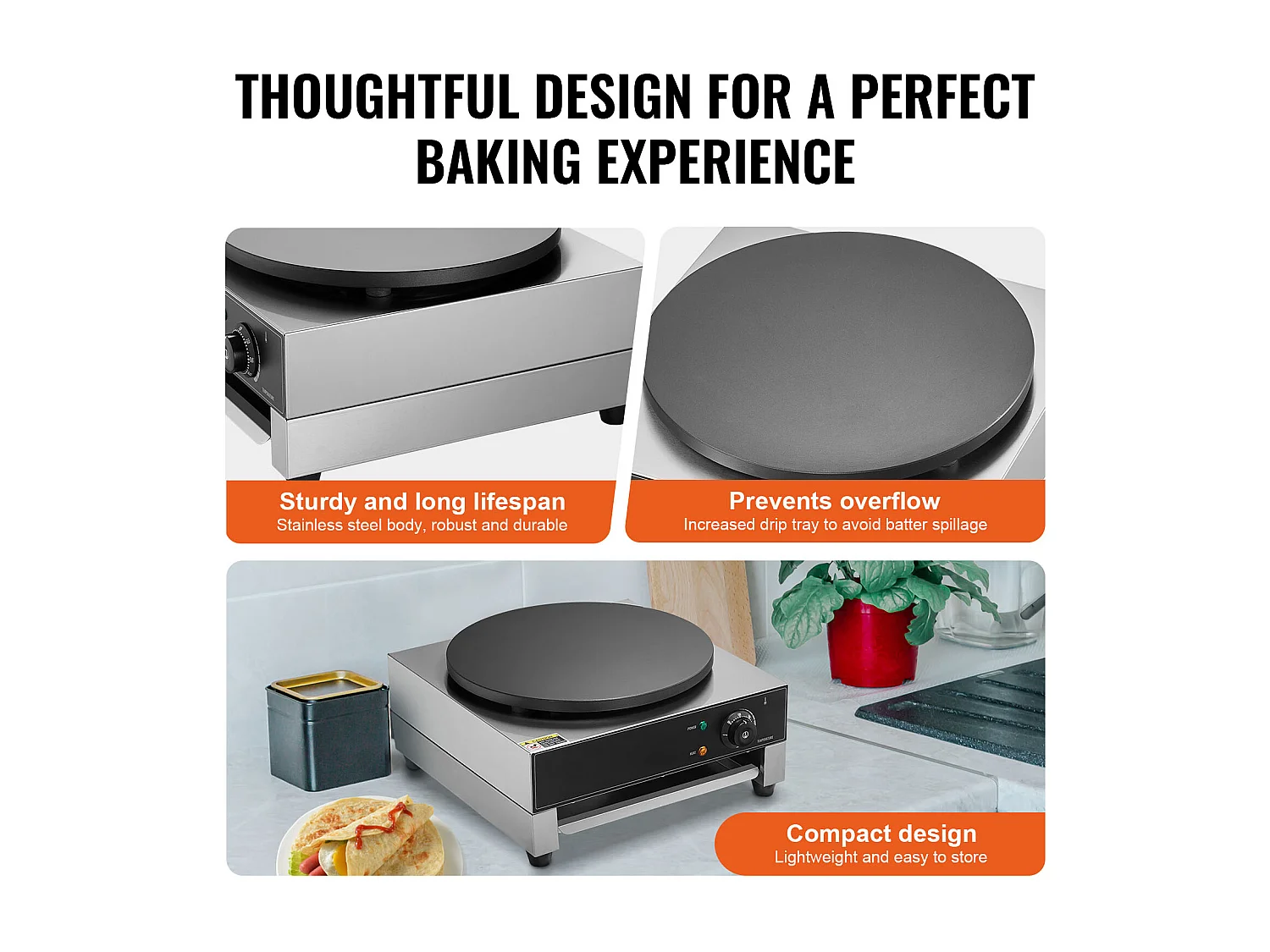 Waffelmaschine SucceBuy Elektrischer Crêpe-Maker, 40,6 cm, 1700 W, Antihaftbeschichtet, Kommerzielles Waffeleisen