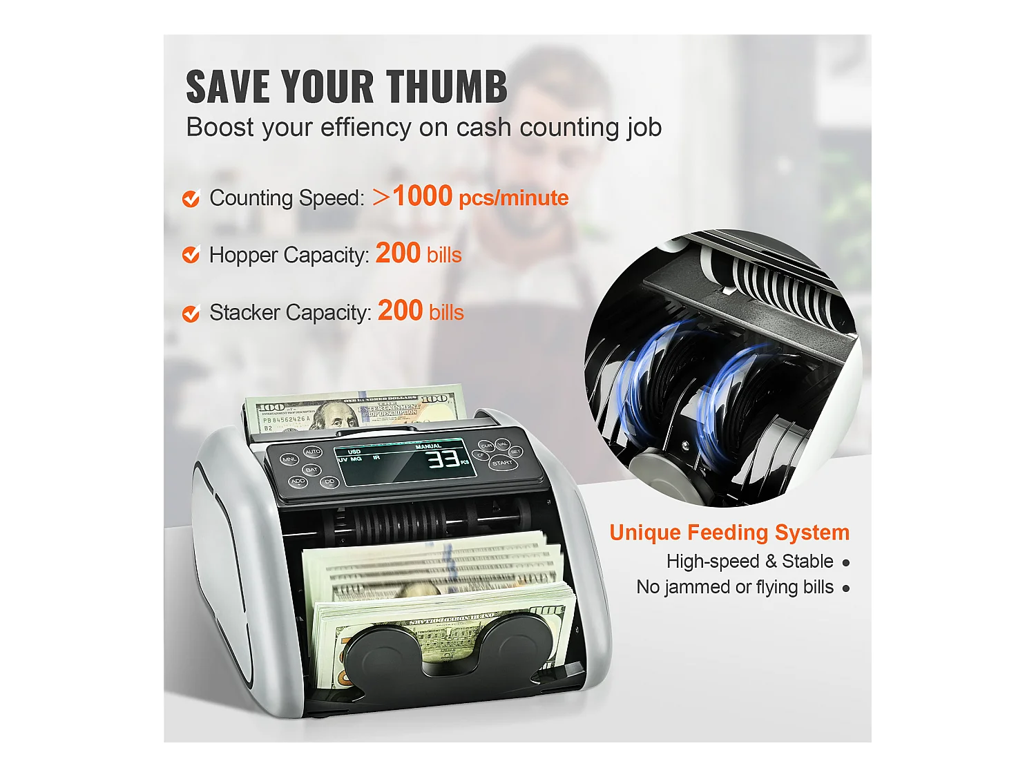 Banknotenzähler SucceBuy , Banknotenzähler mit UV-, MG-, IR- und DD-Erkennung, Zählung von USD- und EUR-Banknoten