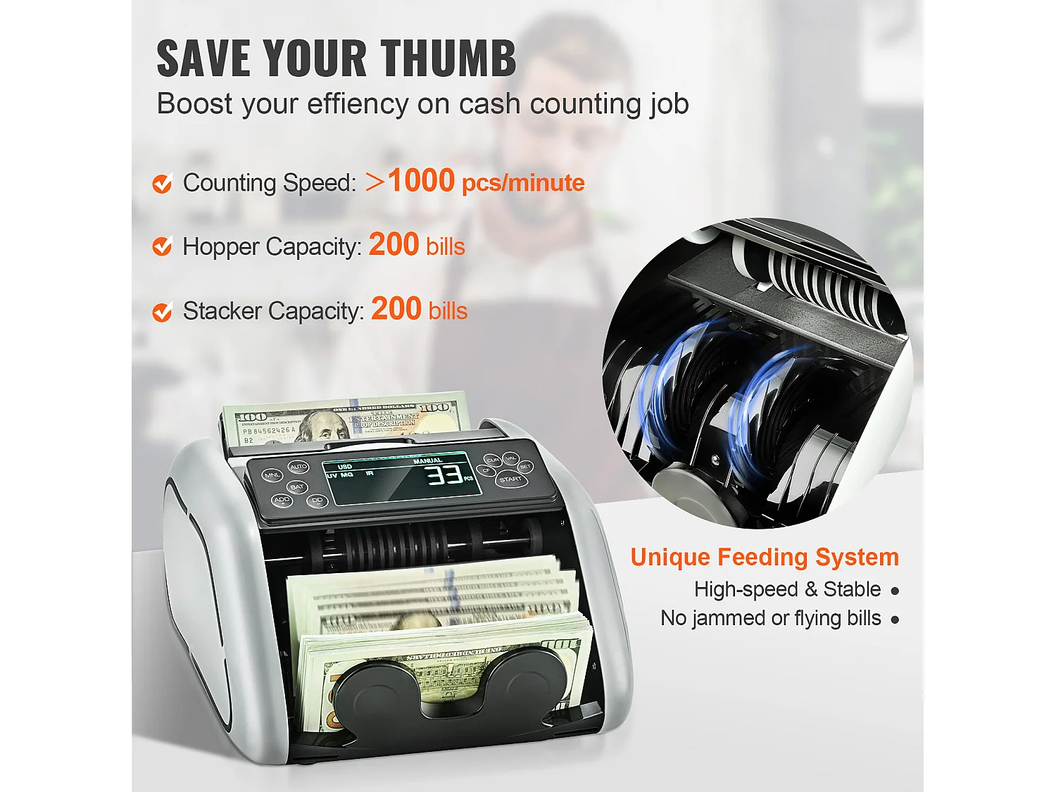 Compteuse de Billets SucceBuy, Compteur de Billets avec Détection UV, MG, IR et DD, Comptage d'Espèces USD et EUR, pour Petites Entreprises