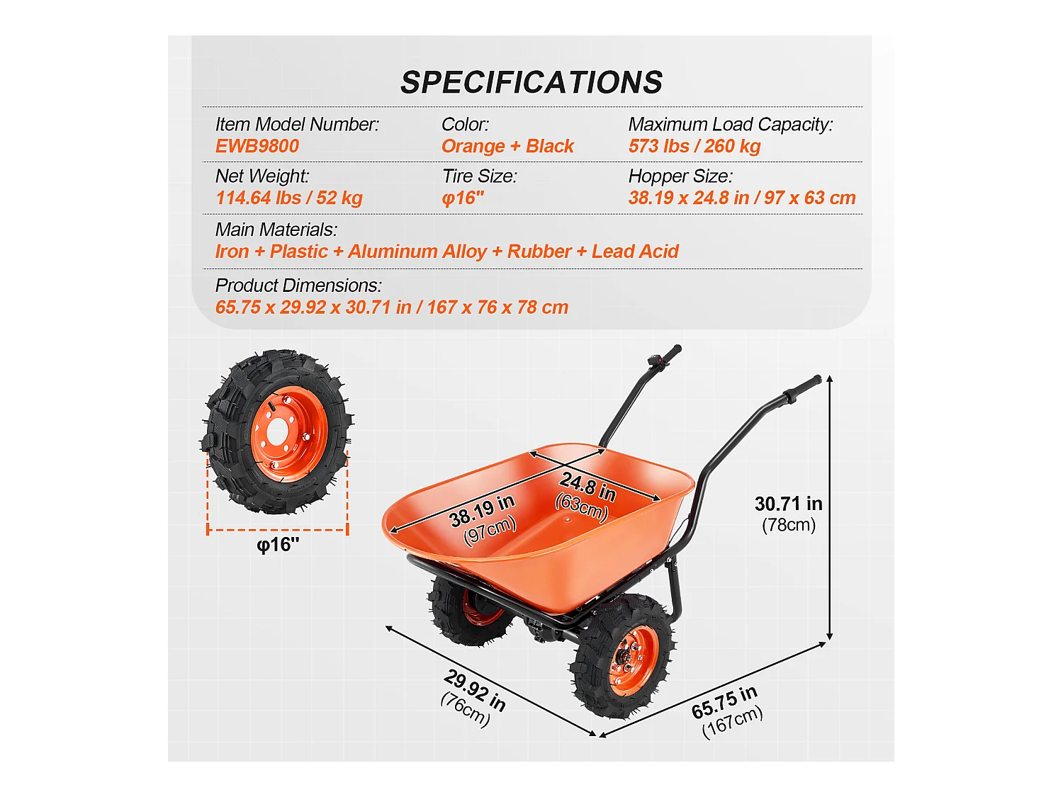 Chariot de Jardin SucceBuy Brouette Électrique - Puissance de 500 W, Chariot de Jardin Électrique à 2 Roues, Capacité de 199 L et 260 kg