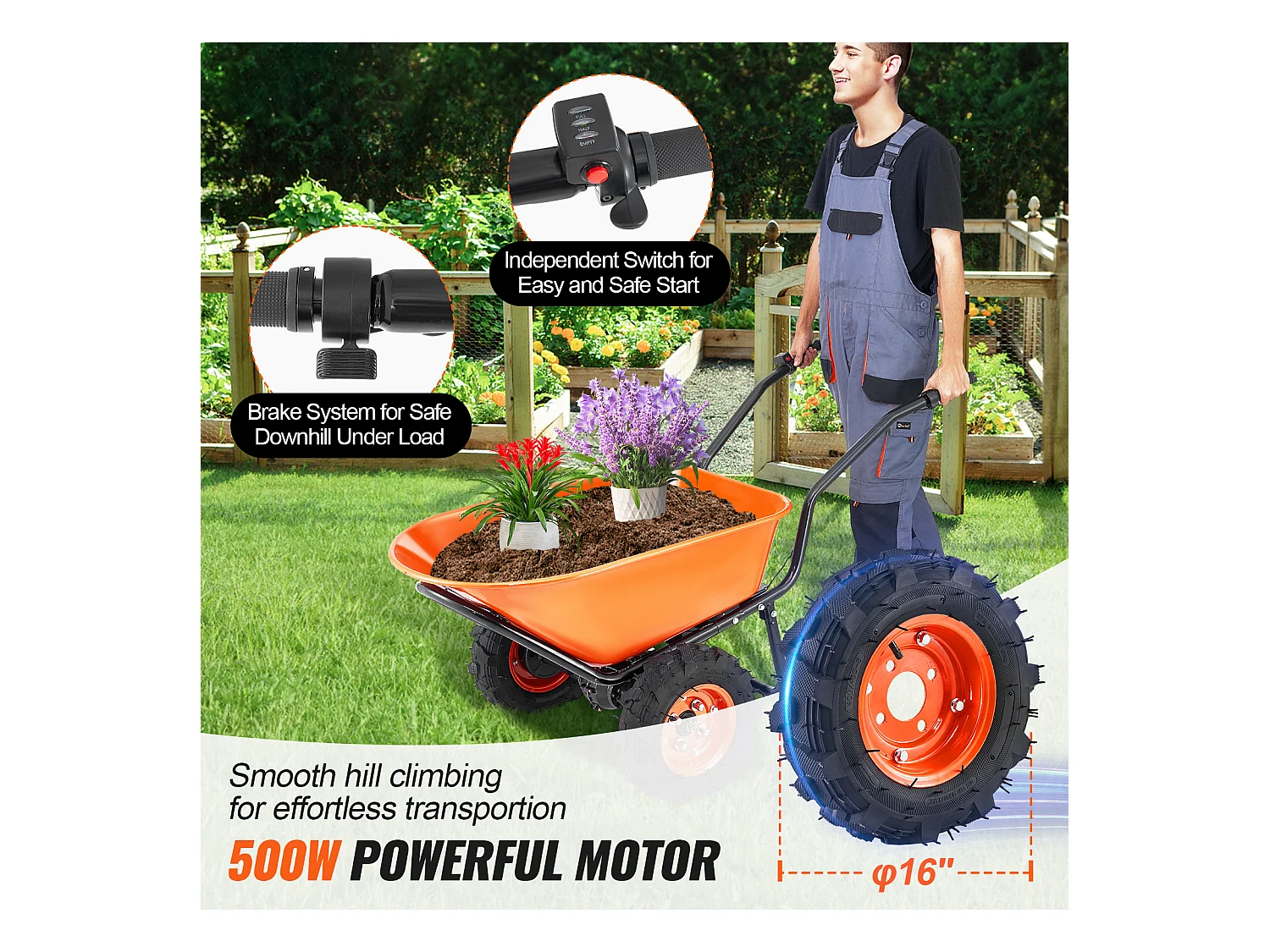 Chariot de Jardin SucceBuy Brouette Électrique - Puissance de 500 W, Chariot de Jardin Électrique à 2 Roues, Capacité de 199 L et 260 kg