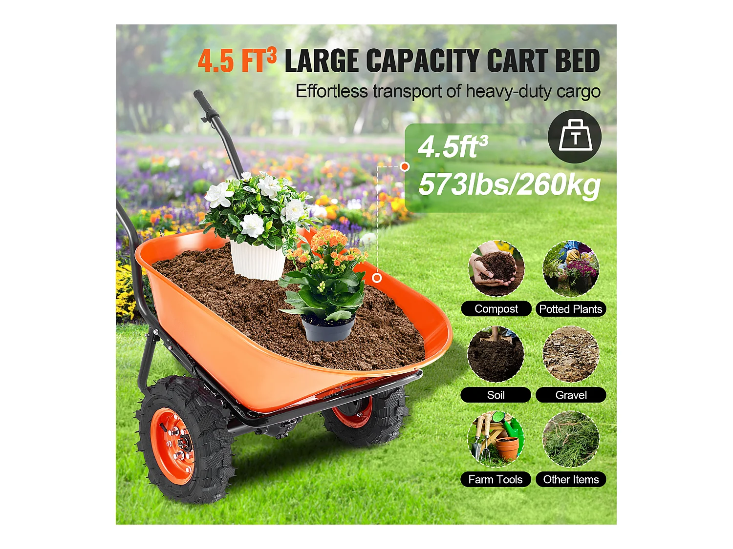 Chariot de Jardin SucceBuy Brouette Électrique - Puissance de 500 W, Chariot de Jardin Électrique à 2 Roues, Capacité de 199 L et 260 kg