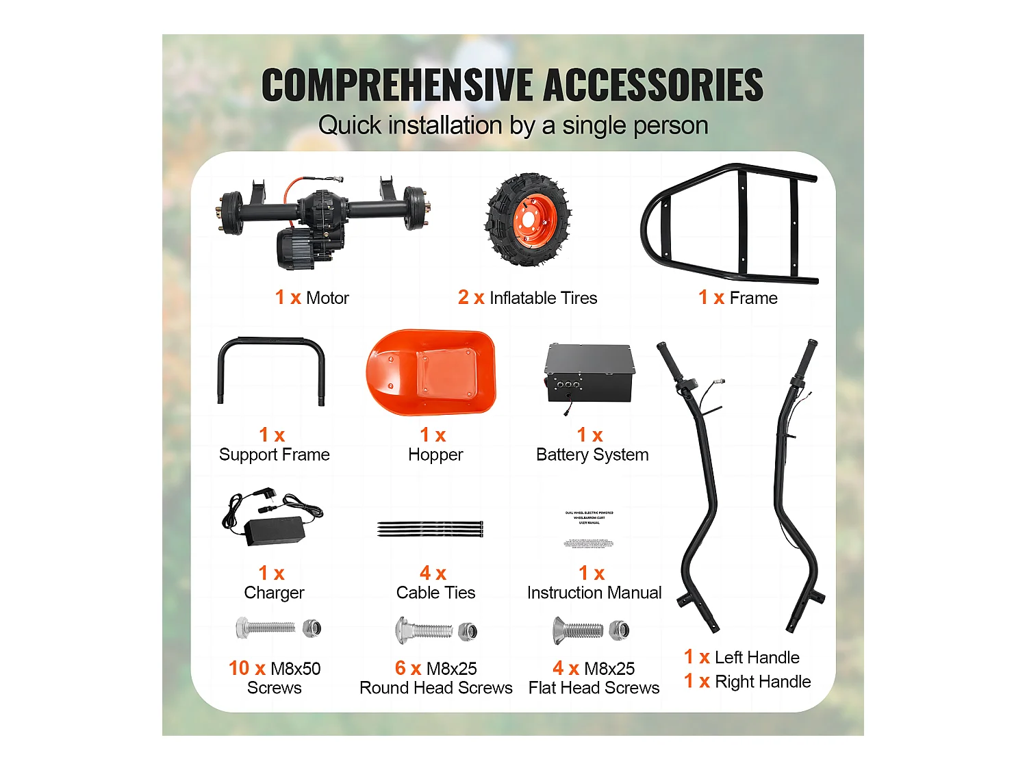Chariot de Jardin SucceBuy Brouette Électrique - Puissance de 500 W, Chariot de Jardin Électrique à 2 Roues, Capacité de 199 L et 260 kg