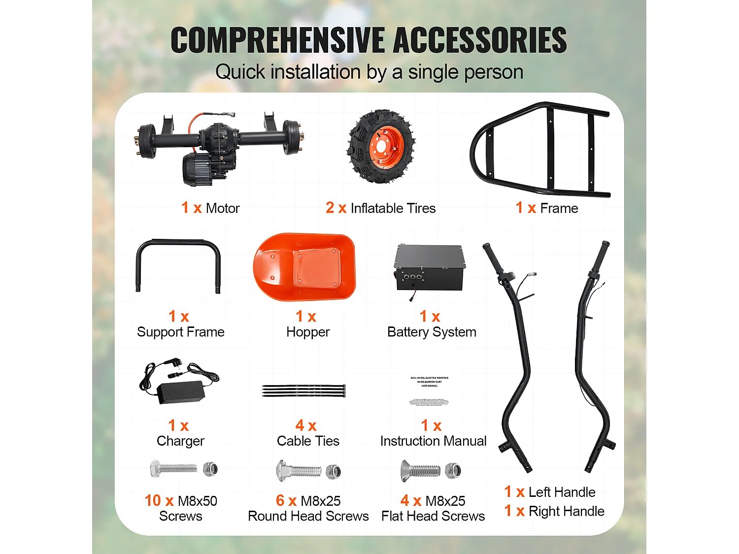 Chariot de Jardin SucceBuy Brouette Électrique - Puissance de 500 W, Chariot de Jardin Électrique à 2 Roues, Capacité de 199 L et 260 kg