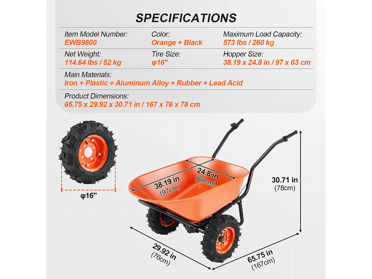 Chariot de Jardin SucceBuy Brouette Électrique - Puissance de 500 W, Chariot de Jardin Électrique à 2 Roues, Capacité de 199 L et 260 kg