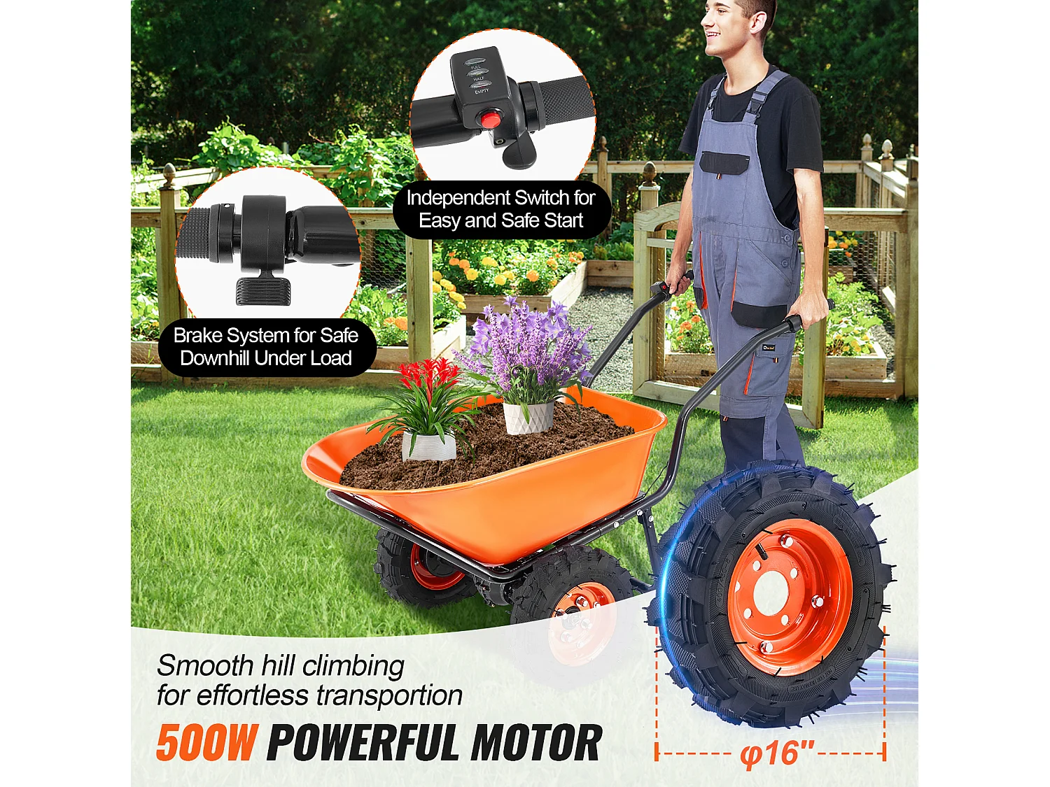 Chariot de Jardin SucceBuy Brouette Électrique - Puissance de 500 W, Chariot de Jardin Électrique à 2 Roues, Capacité de 199 L et 260 kg