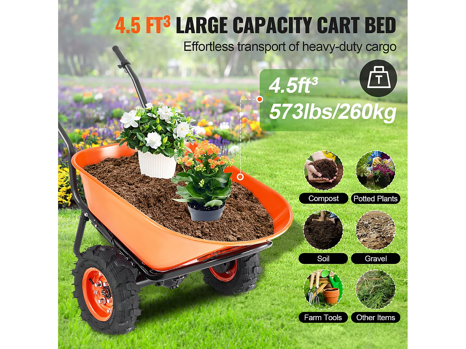 Chariot de Jardin SucceBuy Brouette Électrique - Puissance de 500 W, Chariot de Jardin Électrique à 2 Roues, Capacité de 199 L et 260 kg