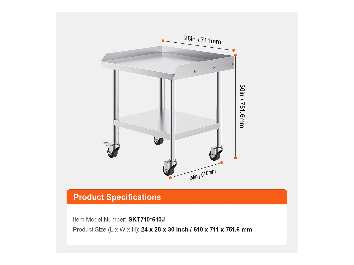 Table de Travail en Acier Inoxydable SucceBuy, 610 x 711 x 751.6 mm, avec 4 Roulettes, Table de Préparation Alimentaire Commerciale