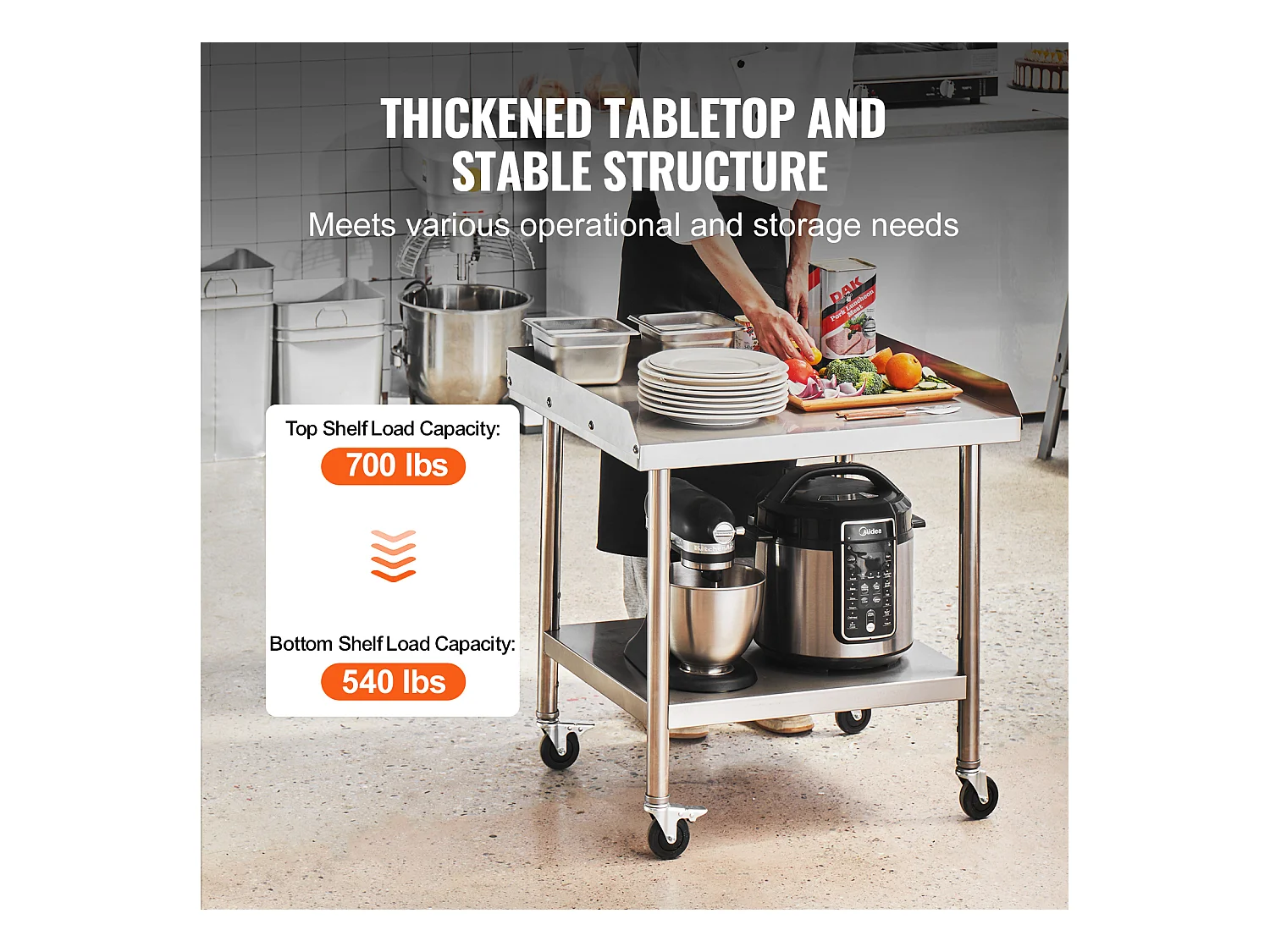 Table de Travail en Acier Inoxydable SucceBuy, 610 x 711 x 751.6 mm, avec 4 Roulettes, Table de Préparation Alimentaire Commerciale