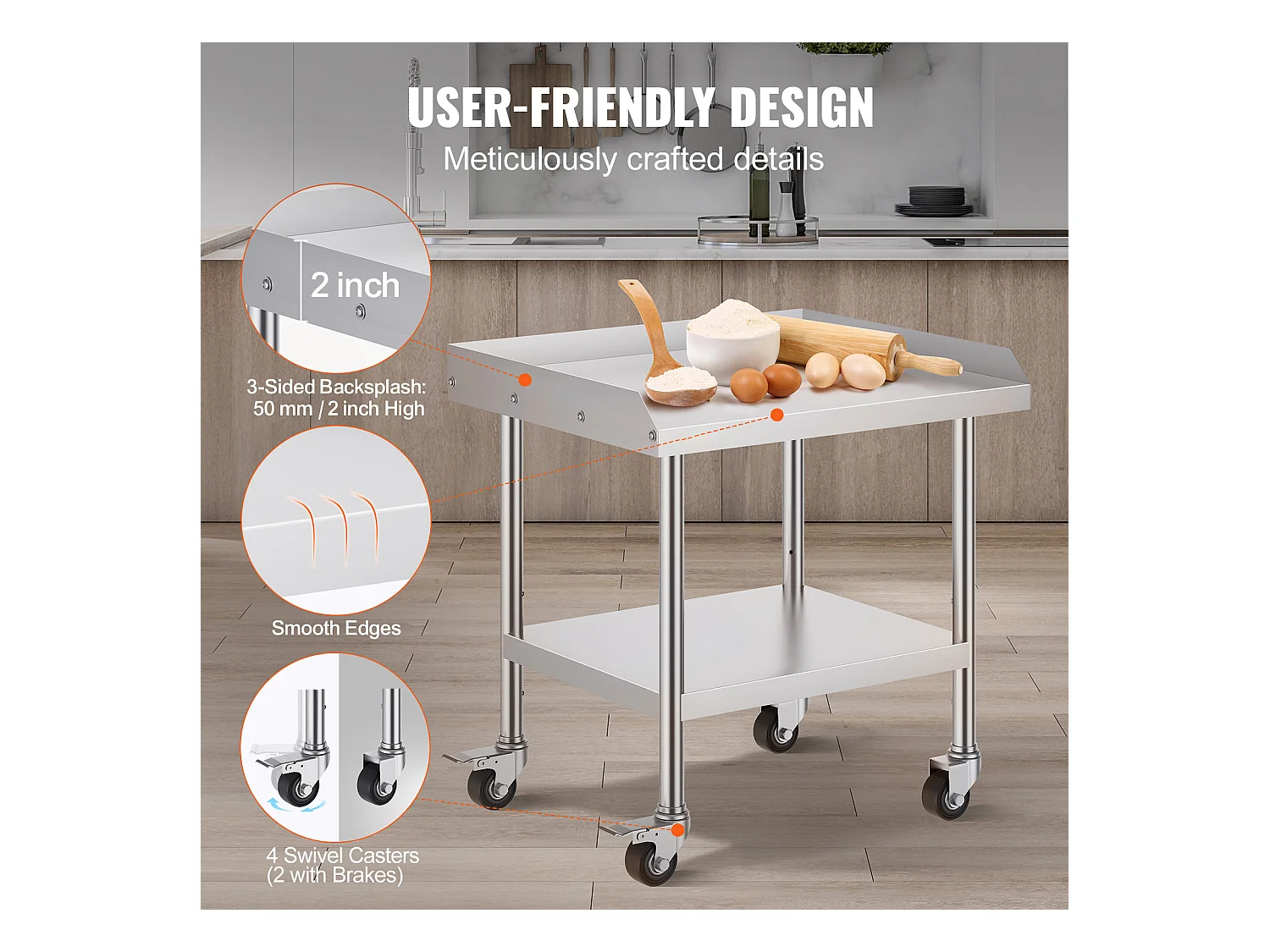 Table de Travail en Acier Inoxydable SucceBuy, 610 x 711 x 751.6 mm, avec 4 Roulettes, Table de Préparation Alimentaire Commerciale