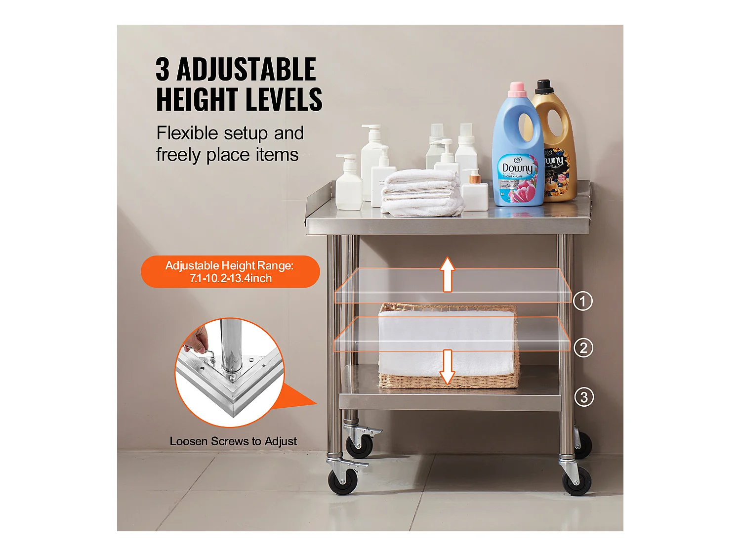 Table de Travail en Acier Inoxydable SucceBuy, 610 x 711 x 751.6 mm, avec 4 Roulettes, Table de Préparation Alimentaire Commerciale