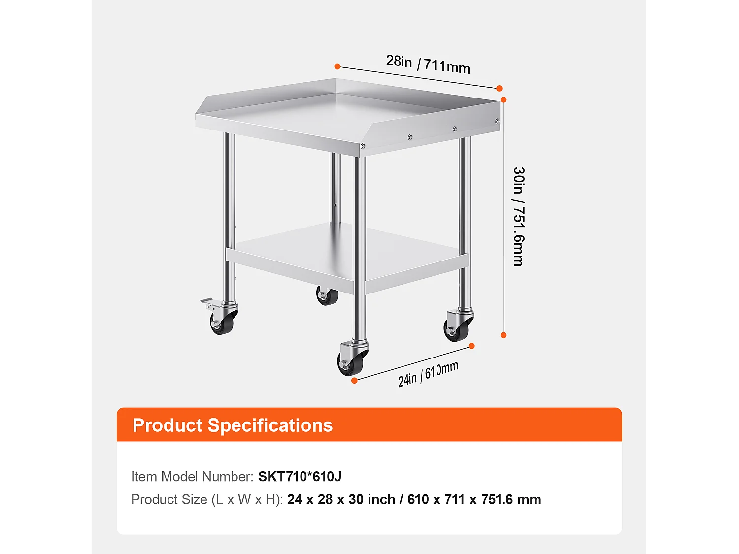 Stół Roboczy ze Stali Nierdzewnej SucceBuy, 610 x 711 x 751,6 mm, z 4 Kółkami, Komercyjny Stół do Przygotowywania Żywności