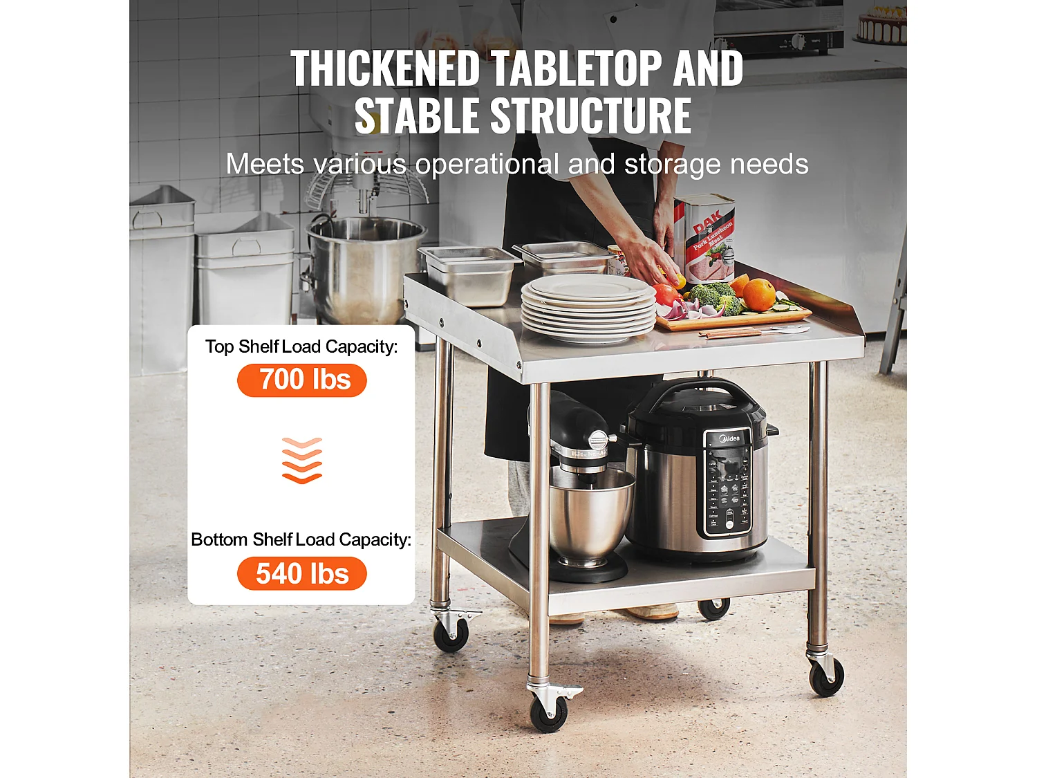 Stół Roboczy ze Stali Nierdzewnej SucceBuy, 610 x 711 x 751,6 mm, z 4 Kółkami, Komercyjny Stół do Przygotowywania Żywności