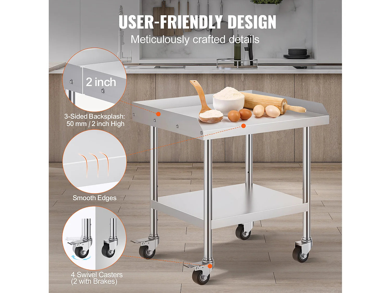 Stół Roboczy ze Stali Nierdzewnej SucceBuy, 610 x 711 x 751,6 mm, z 4 Kółkami, Komercyjny Stół do Przygotowywania Żywności