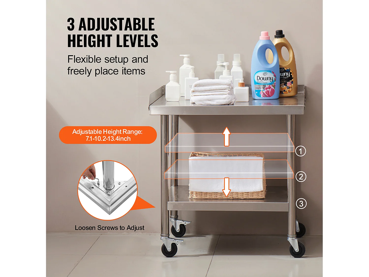 Stół Roboczy ze Stali Nierdzewnej SucceBuy, 610 x 711 x 751,6 mm, z 4 Kółkami, Komercyjny Stół do Przygotowywania Żywności