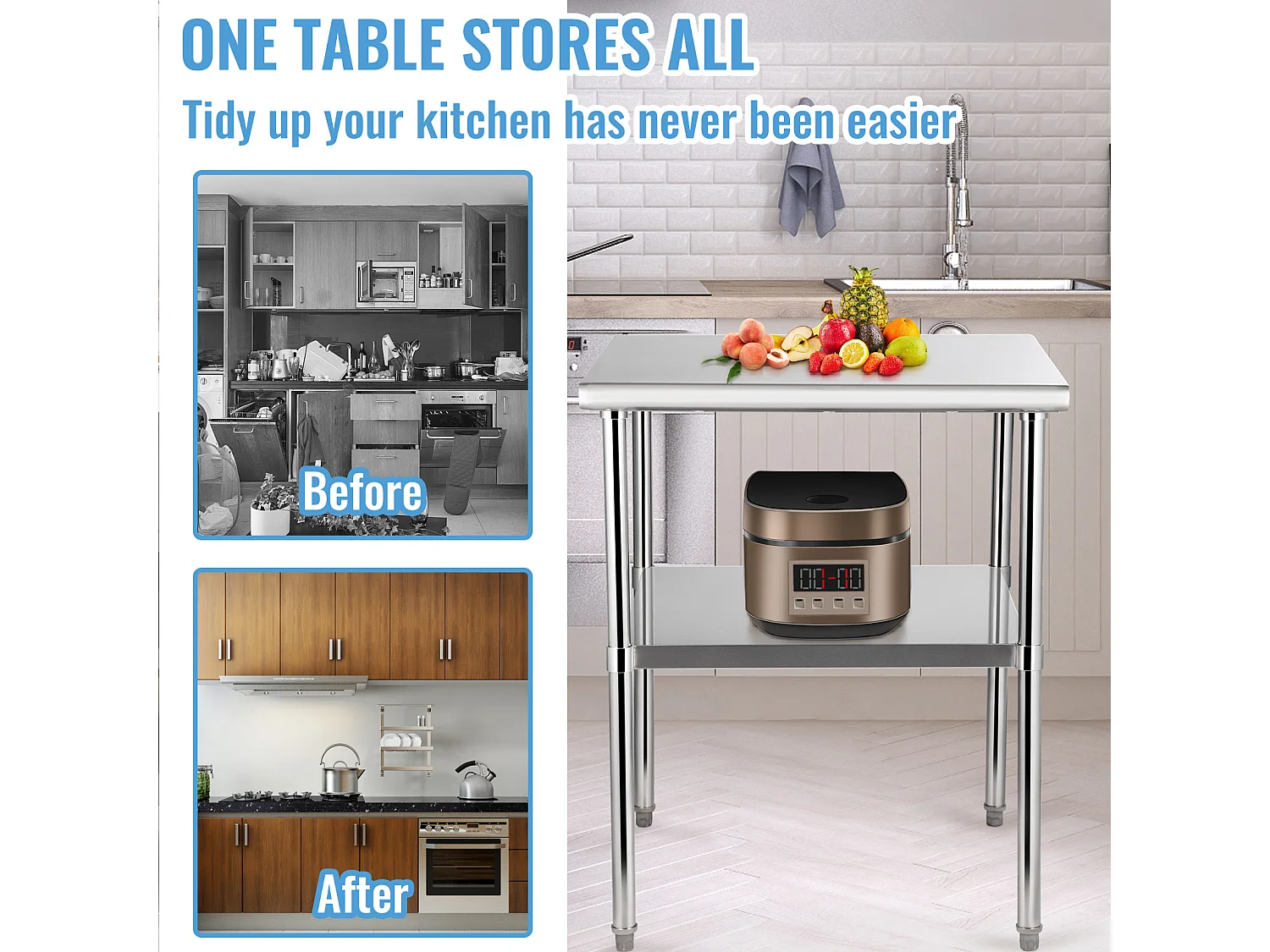 Table de Travail Cuisine SucceBuy, 76 x 76 x 91 cm, Table de Restauration en Acier Inoxydable, Table de Préparation Commerciale