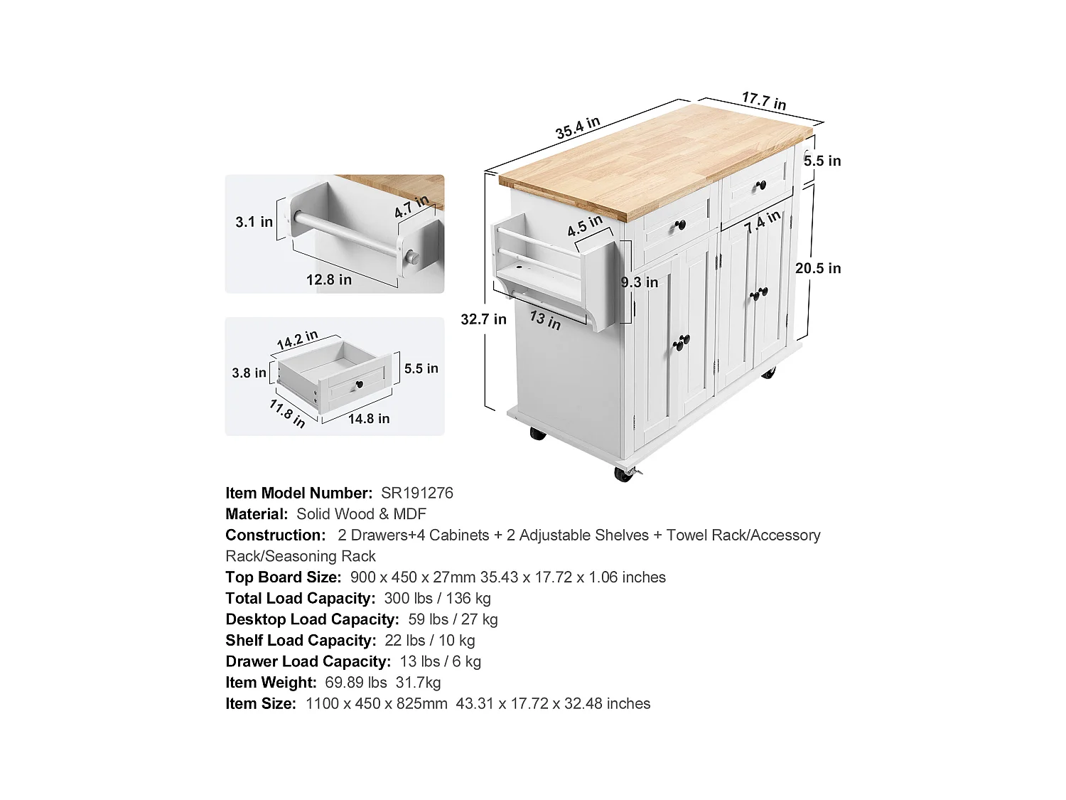 Mesa de Cozinha com Rodas SucceBuy, 90cm, Armário Rodante de Estocagem com Gaveta e Suporte, Branco