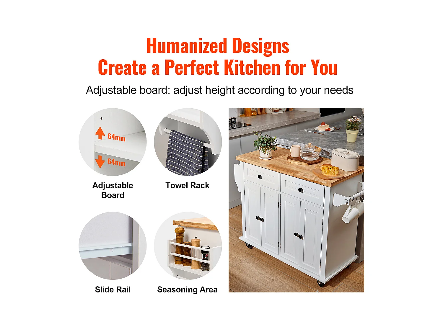 Mesa de Cozinha com Rodas SucceBuy, 90cm, Armário Rodante de Estocagem com Gaveta e Suporte, Branco