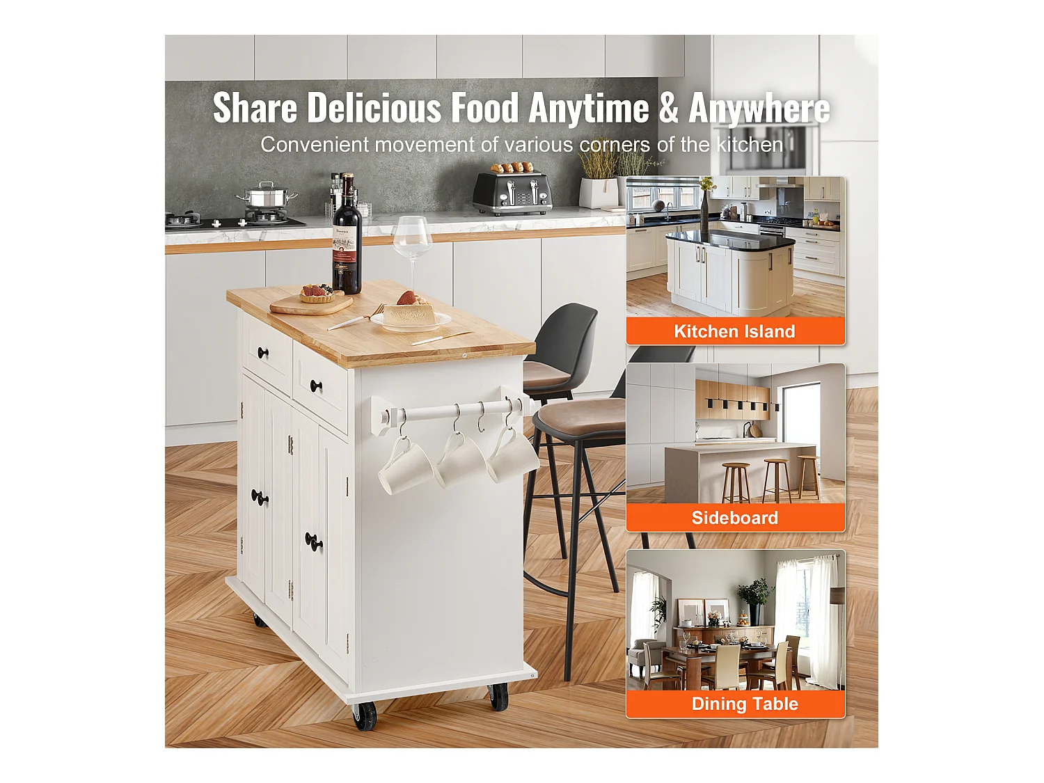 Mesa de Cozinha com Rodas SucceBuy, 90cm, Armário Rodante de Estocagem com Gaveta e Suporte, Branco